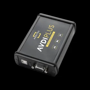 Abrites AVDI Plus interface with its USB and diagnostic connectors