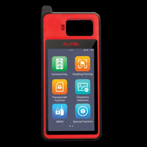 Autel MaxiIM KM100 key programmer, red and black 5.5-inch handheld front view with the main menu on screen