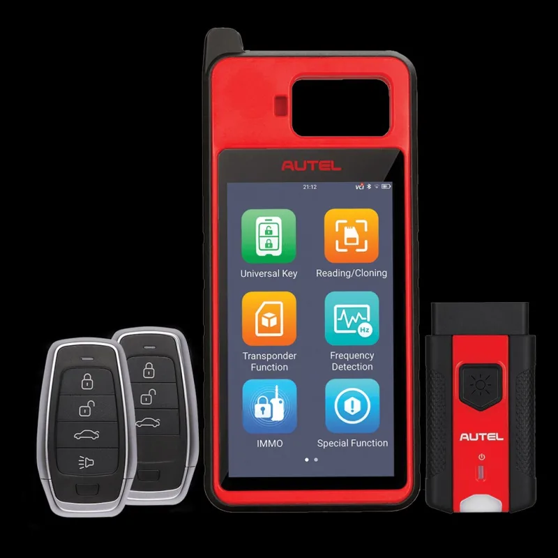 Autel MaxiIM KM100 key programmer, red and black 5.5-inch handheld front view with the main menu on screen 3