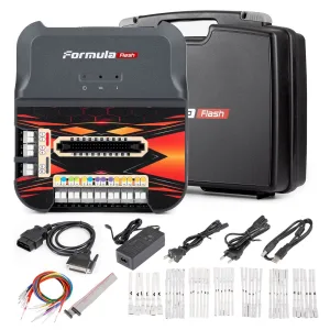 FormulaFlash tam set: cihaz, taşıma çantası, OBD kablosu, adaptör, güç kabloları ve pin aparatları