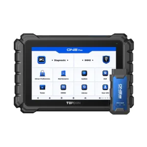 TOPDON ONE Plus 10.1-inch diagnostic tablet with the blue J2534 Wi-Fi VCI