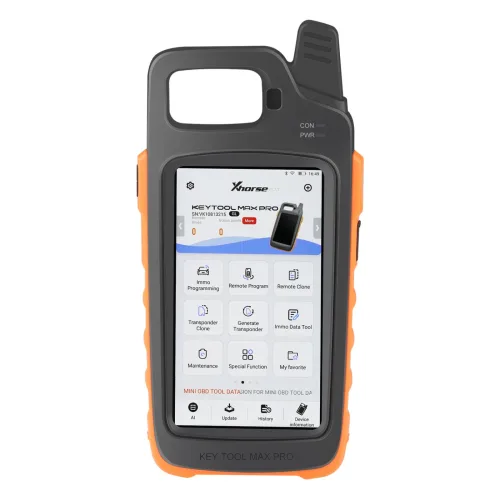 Xhorse VVDI Key Tool Max Pro key programmer, front view with the main menu on screen