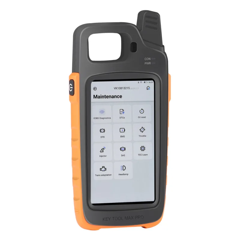 Xhorse VVDI Key Tool Max Pro key programmer, front view with the main menu on screen 4