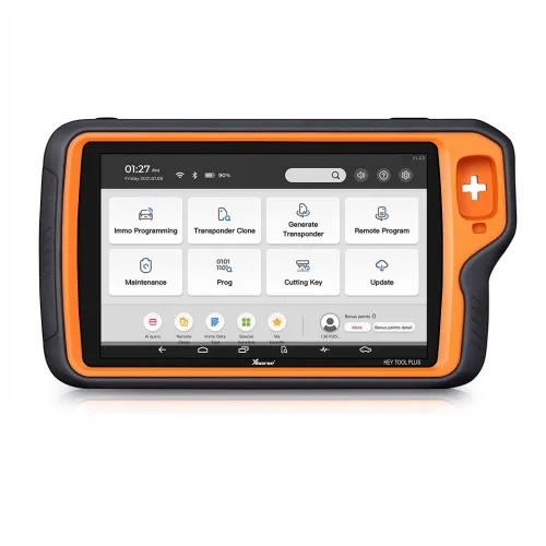 Xhorse VVDI Key Tool Plus Pad key programmer, front view with orange housing and main menu on screen