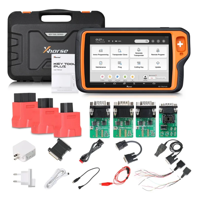 Xhorse VVDI Key Tool Plus Pad key programmer, front view with orange housing and main menu on screen 2