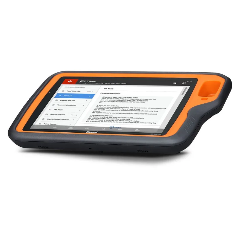 Xhorse VVDI Key Tool Plus Pad key programmer, front view with orange housing and main menu on screen 4